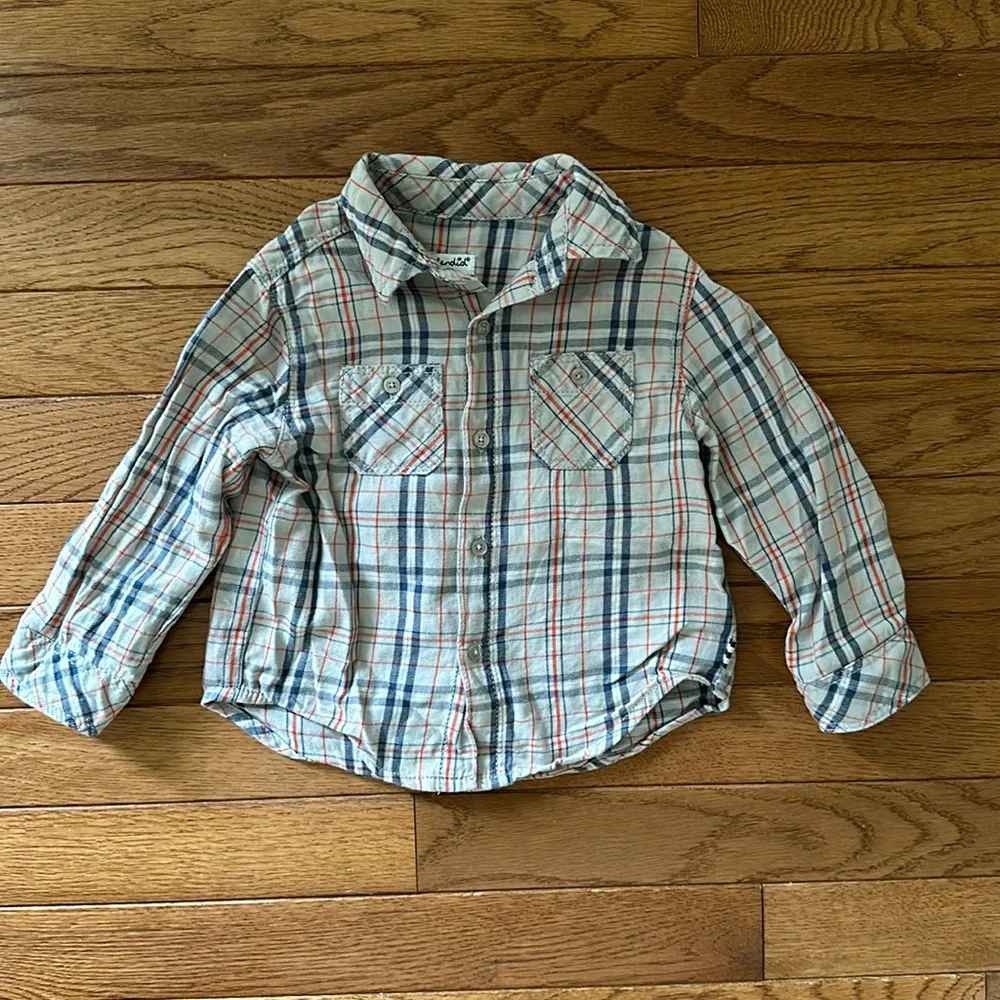 👶🏻 SPLENDID BABY Boys Button Down Shirt 12-18 months tan red blue euc